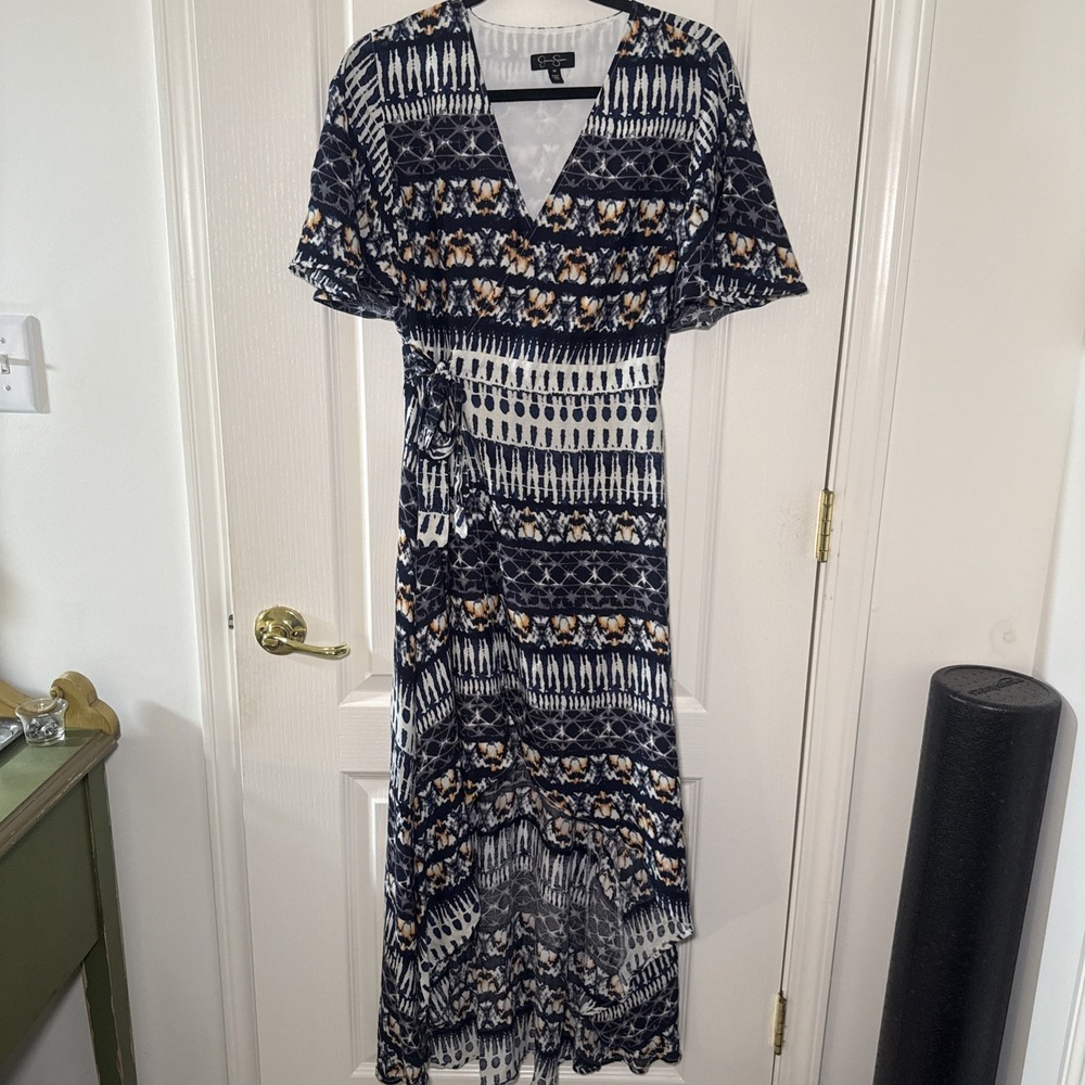 Jessica Simpson Navy Abstract Print Wrap Dress Midi Flutter Sleeve V-Neck Boho M